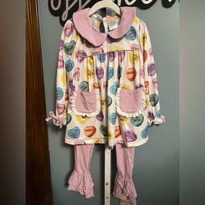 Colorful Conversation Hearts Collar Long Bow Sleeve Shirt and Purple Leggings